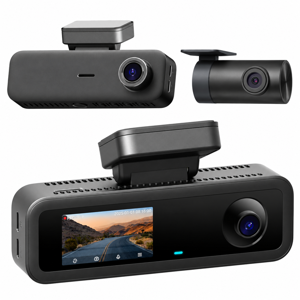 Palubní kamera do auta T800E.Palubní kamera T800E pro pořizování videozáznamu při jízdě autem.  Vyberte si variantu T800E-RC21-64GB nebo T800E-64GB.