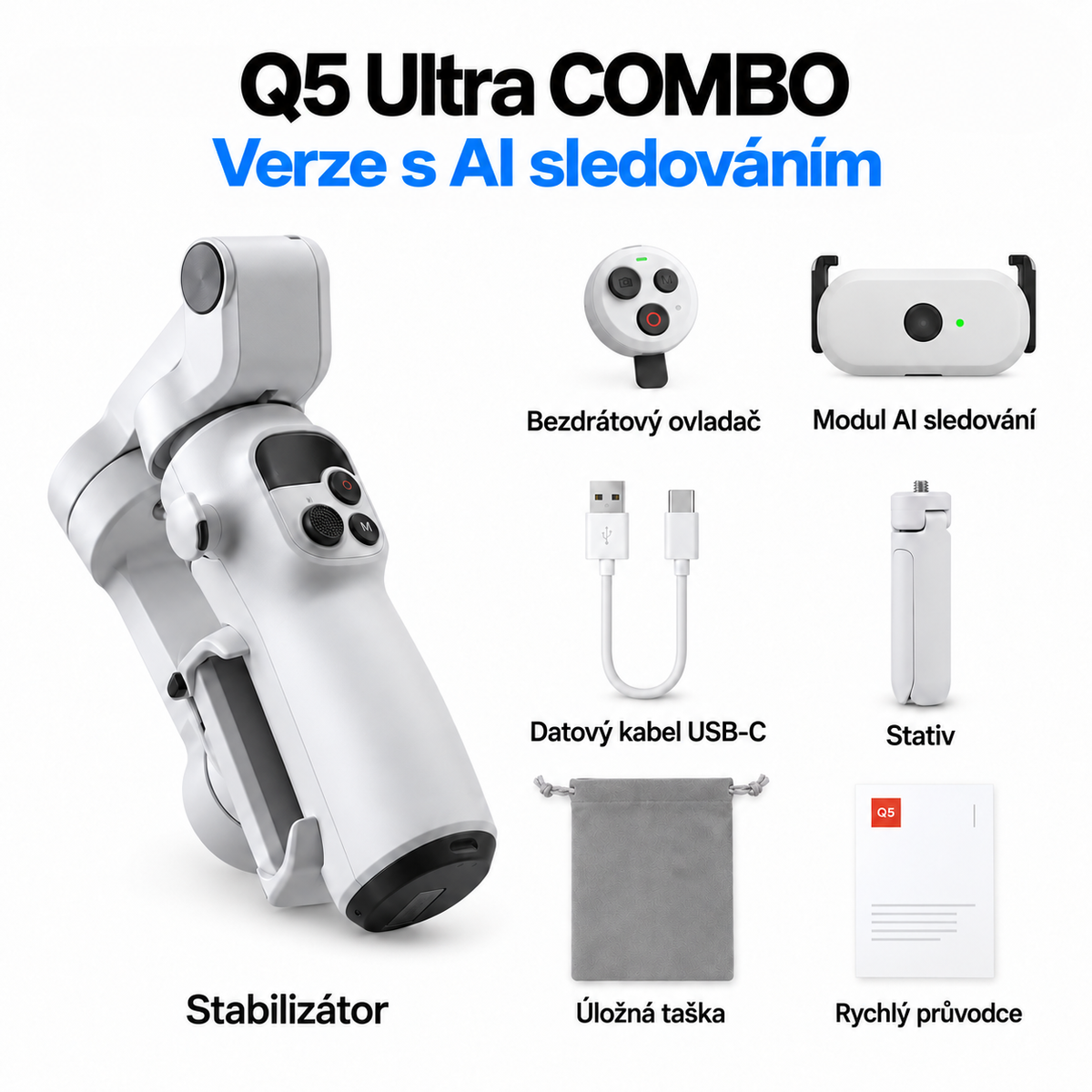 Stabilizátor pro telefon Q5 Ultra. Ruční stabilizátor Q5 Ultra pro natáčení videí mobilním telefonem.  Vyberte si standardní edici nebo variantu se sledováním pomocí umělé inteligence.