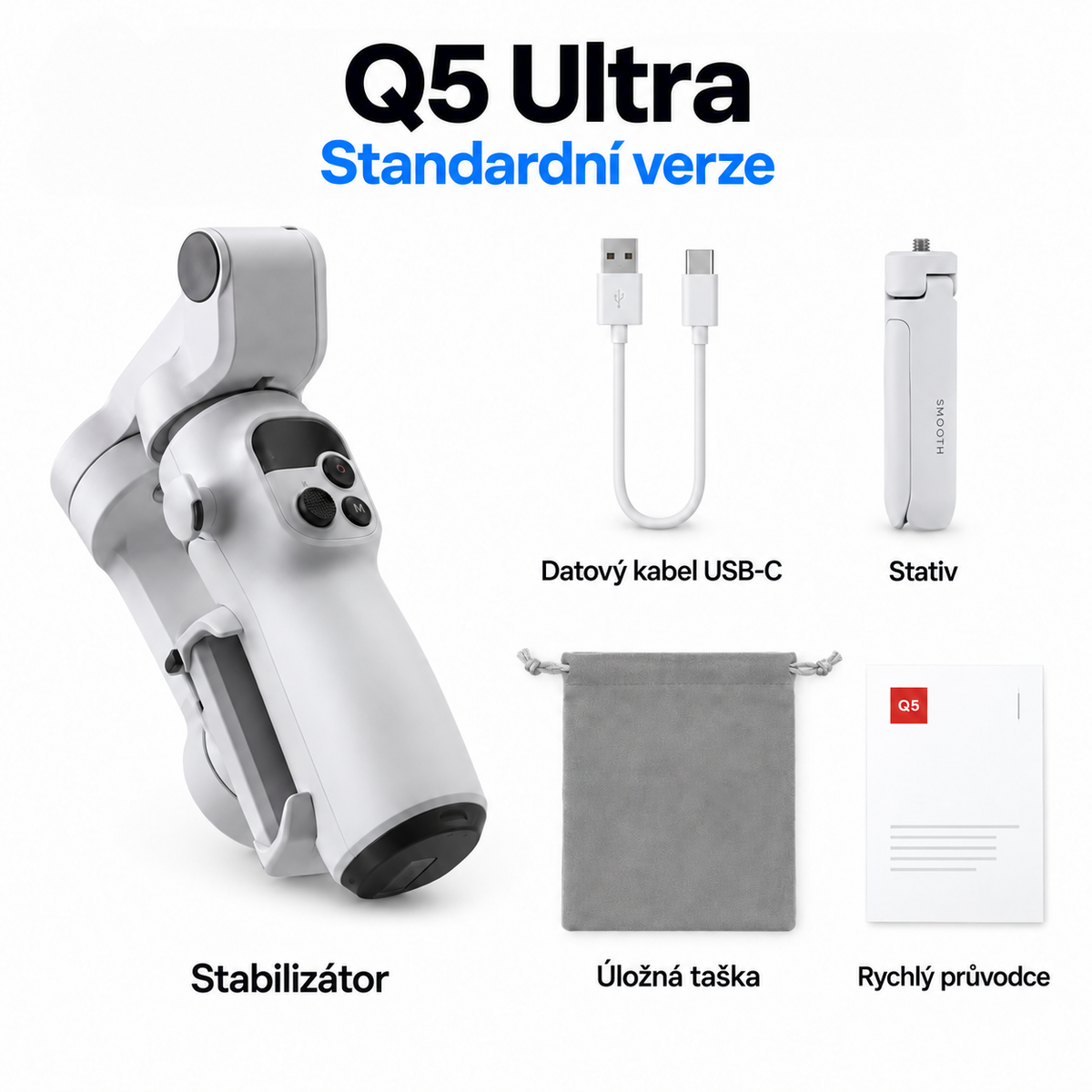 Stabilizátor pro telefon Q5 Ultra. Ruční stabilizátor Q5 Ultra pro natáčení videí mobilním telefonem.  Vyberte si standardní edici nebo variantu se sledováním pomocí umělé inteligence.